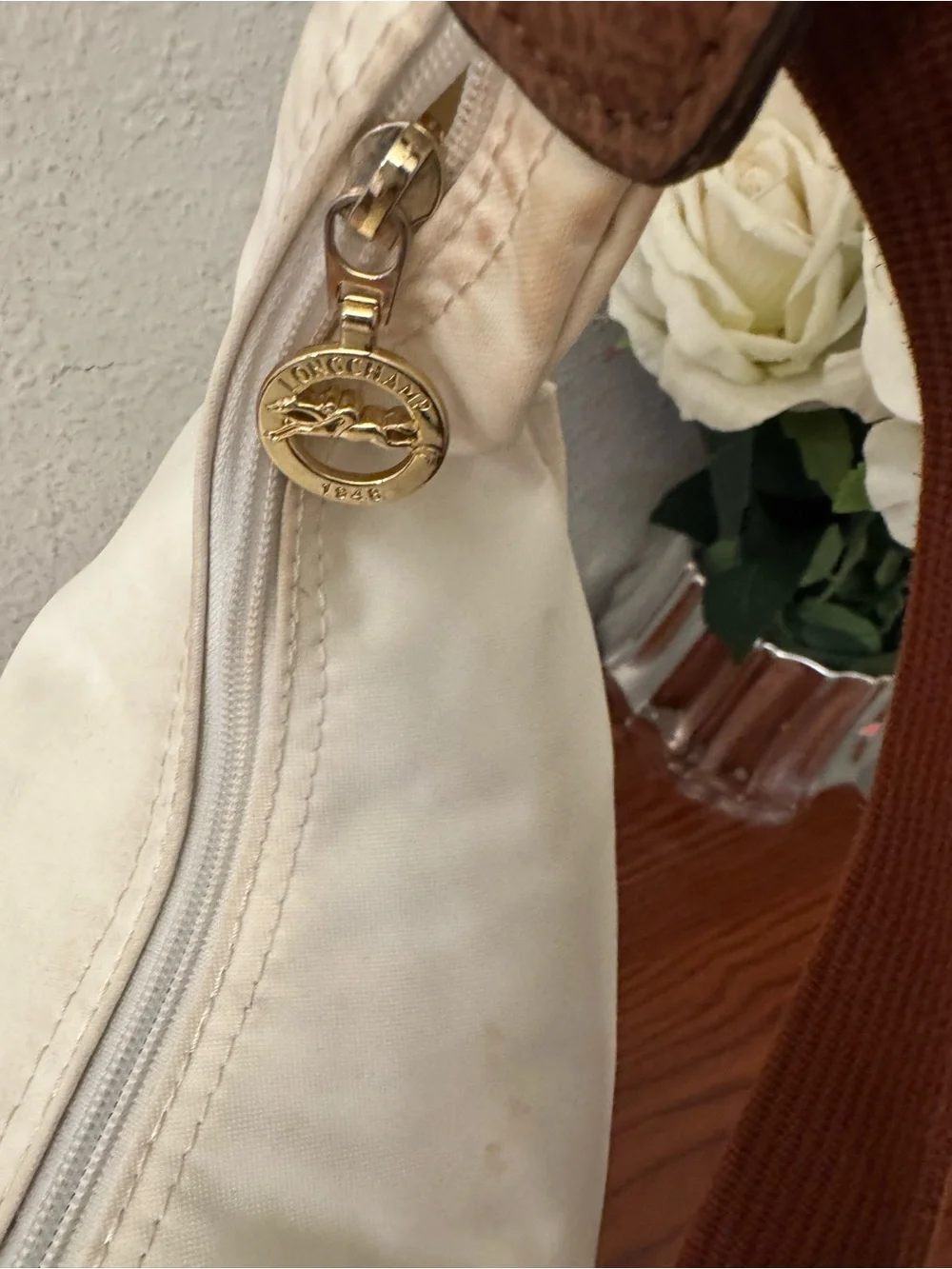 Longchamp White Shoulder Bag with Brown Strap and Trim